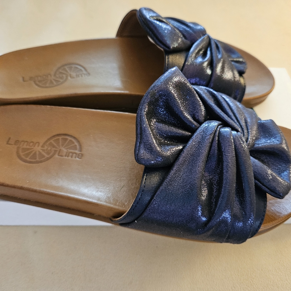 Lemon 'N Lime Navy Iridescent Suede Slides With T… - image 2